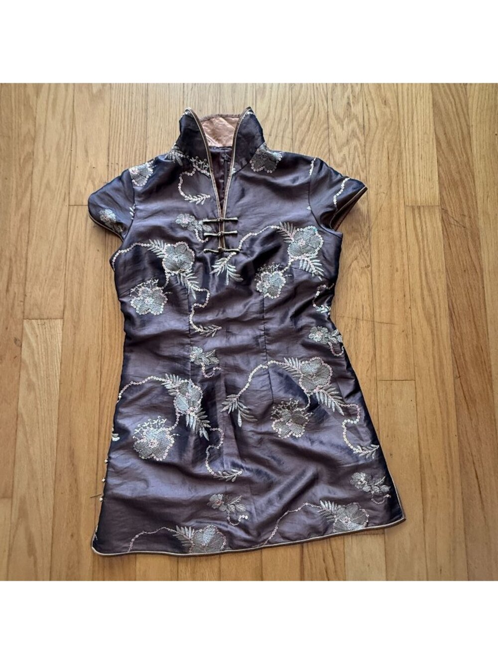 Women's Large Brown Sequined Cheongsam Chinese Satin Embroidered Mandarin Collar